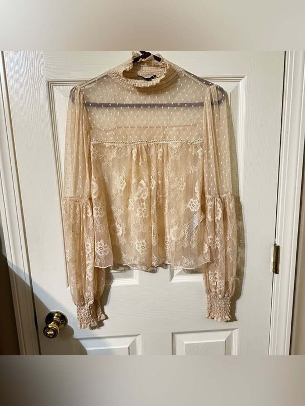 Forever 21 Sheer Lace High-Neck Blouse in Beige